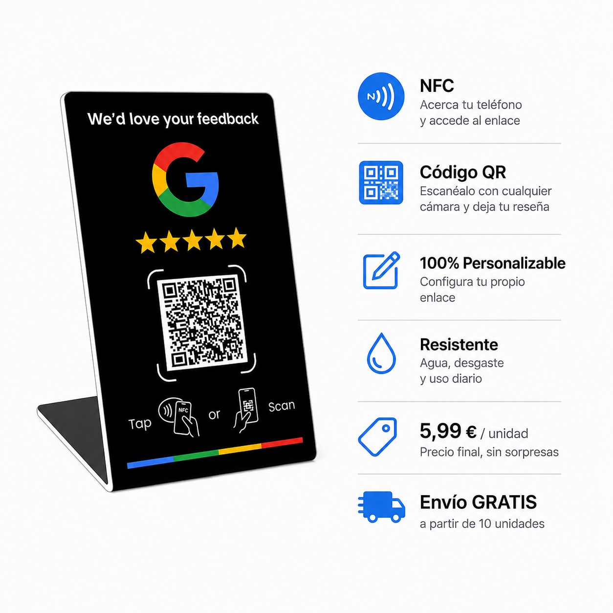 ReseñasTap NFC™ — Placa Inteligente para Reseñas de Google